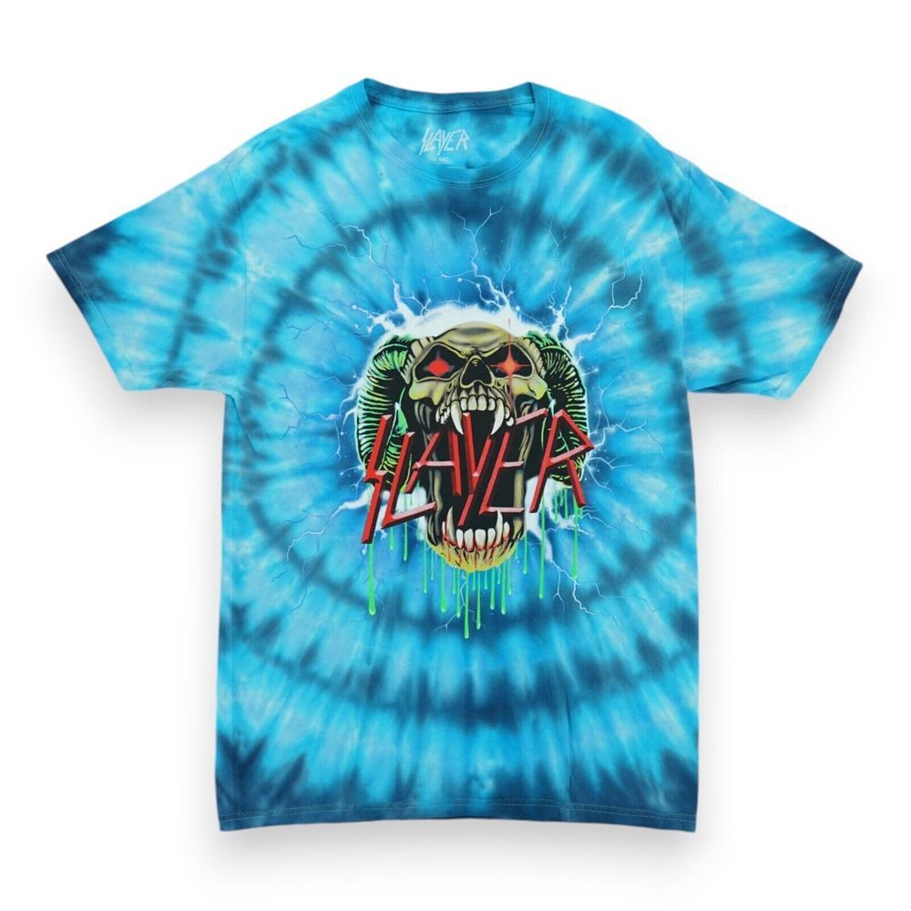 Slayer Metal Band Blue Tie Dye Men's T-Shirt Size Medium "Rams‎ Skull"